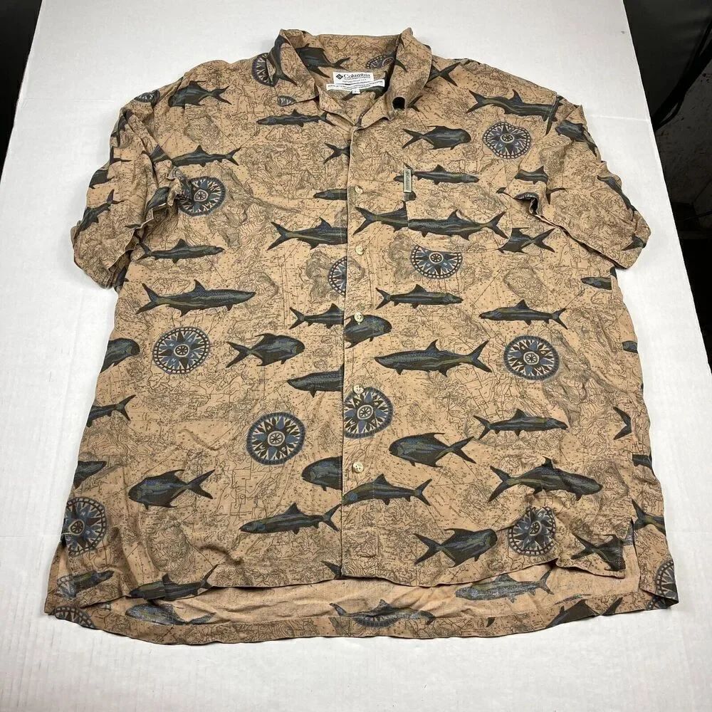 Columbia Mens Button Up Fishing Shirt Printed Short Sleeve Lightweight Top LARGE